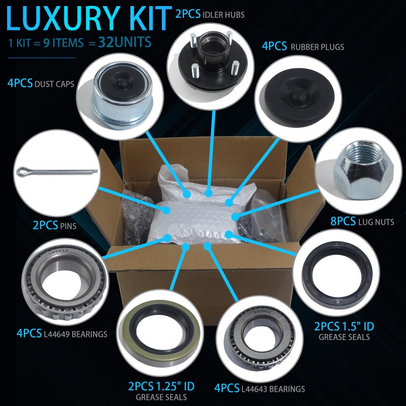 iBroPrat 2 Sets Trailer Hub Kit 4 Bolt 4  Trailer Axle Kit for 2000 lb 4 Lug Trailer Hub Fits 1"" and 1-1/16"" Spindle with Extra Dust Cap and Rubber Plug - Image 4
